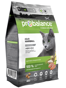 Сухой корм для кошек Probalance Hairball, выведение шерсти, 400г